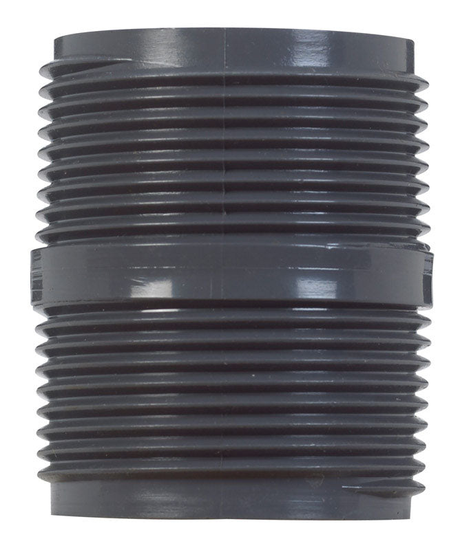 Emery Jensen PVC Nipple SCH80, 1.25 inch by 2 inches, durable PVC pipe fitting with threaded ends for plumbing applications.