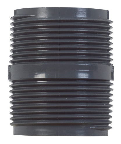 Emery Jensen PVC Nipple SCH80, 1.25 inch by 2 inches, durable PVC pipe fitting with threaded ends for plumbing applications.