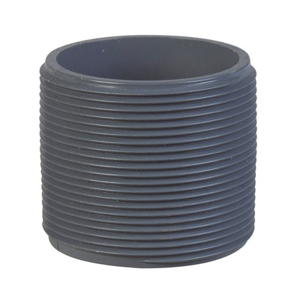 PVC nipple SCH80 2-inch XCLS from Emery Jensen, showing the smooth PVC surface and threaded ends for plumbing connections.