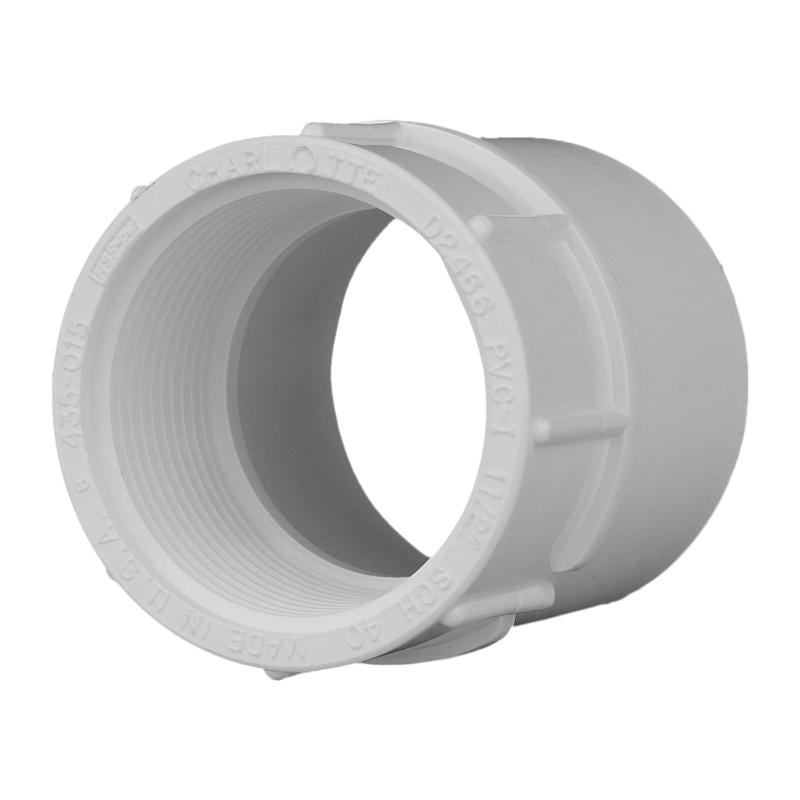 Emery Jensen ADAPTR SCH40 PVC pressure fitting with 1.5-inch slip and FPT connections, used for plumbing and irrigation systems.