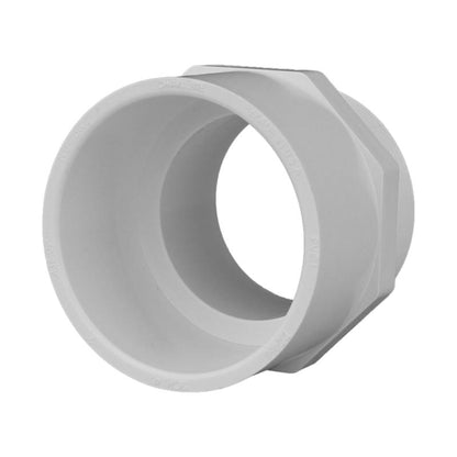 Emery Jensen ADAPTR SCH40 PVC pressure fitting with 2-inch slip and 2-inch MPT connections, used for plumbing applications.