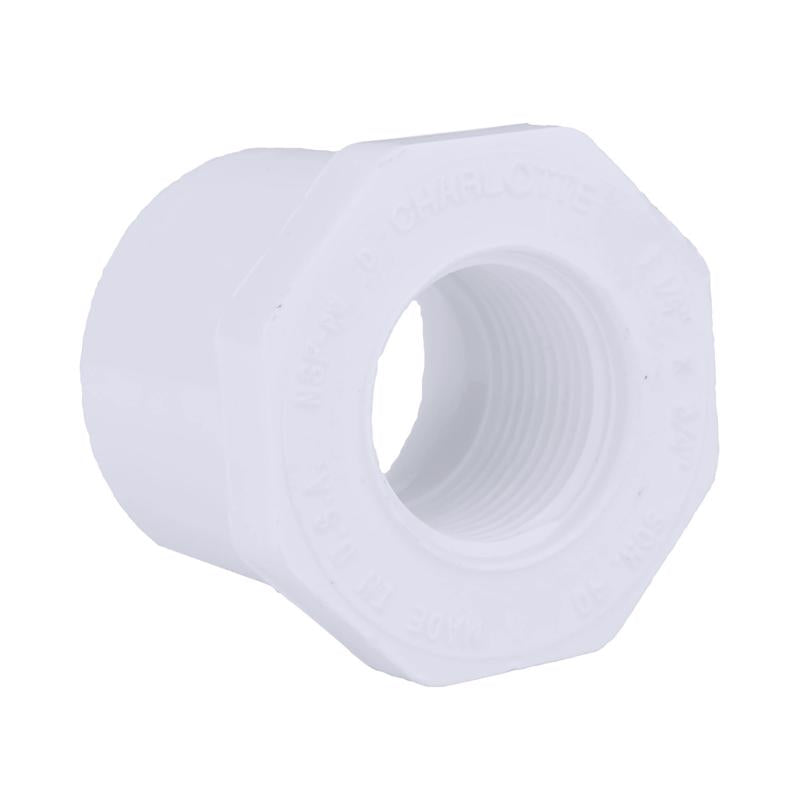 Red PVC pressure fitting Bush for DOM pipes by Emery Jensen, with 1.25-inch size and 0.75-inch female thread.