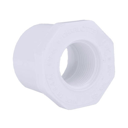 Red PVC pressure fitting Bush for DOM pipes by Emery Jensen, with 1.25-inch size and 0.75-inch female thread.