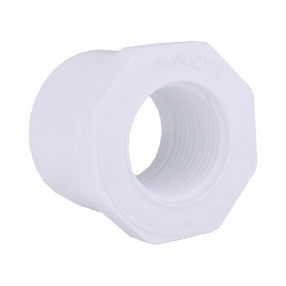 Emery Jensen PVC pressure fitting bushing 40PVC 1.5SPG 1FPT for plumbing applications, shown in the product image.