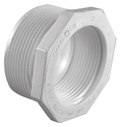 Emery Jensen PVC pressure fitting bushing, 1.25 inch, for domestic plumbing, with threaded ends and durable plastic construction.