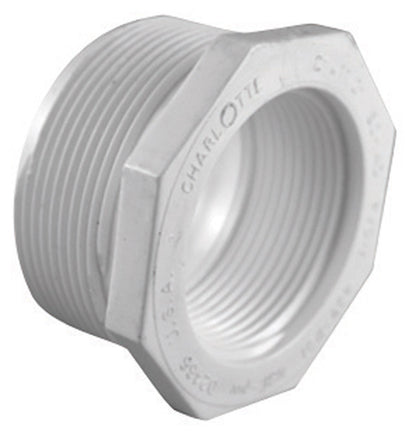 Emery Jensen PVC pressure fitting bushing 40PVC1.5M1.25FPT for plumbing, showing the fitting's detail and threading.