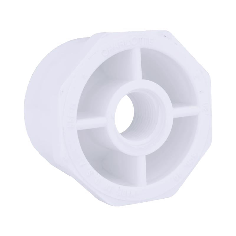 Emery Jensen PVC pressure fitting Bushing 40PVC2SPG1/2"FPT for plumbing, showing the fitting's threaded end and PVC material.