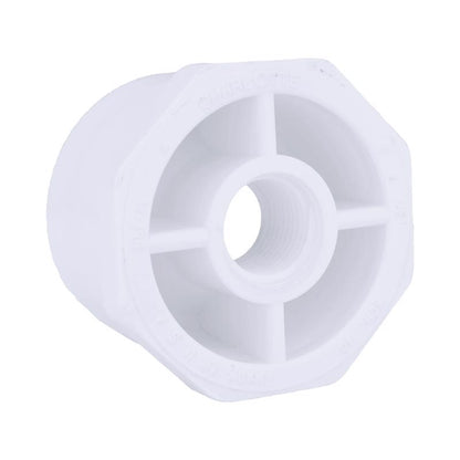 Emery Jensen PVC pressure fitting Bushing 40PVC2SPG1/2"FPT for plumbing, showing the fitting's threaded end and PVC material.