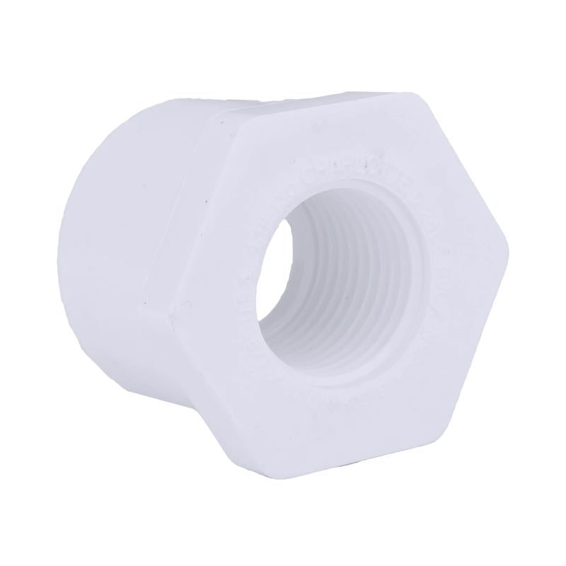 PVC pressure fitting bushing by Emery Jensen, 40PVC2SPG1.25FPT, used for connecting pipes in plumbing systems.