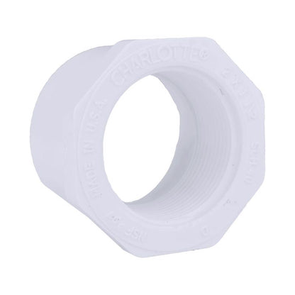 Emery Jensen PVC pressure fitting bushing 40PVC2SPIG1.5FPT for plumbing, shown with threaded and spigot ends.