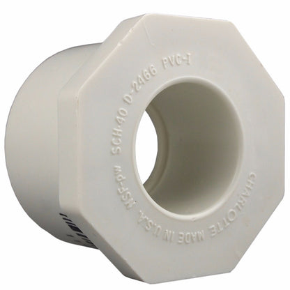 Emery Jensen PVC pressure fitting bushing SCH40 1.5x1/2SXS, durable PVC pipe fitting for plumbing and irrigation applications.