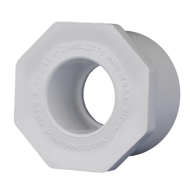 Emery Jensen PVC pressure fitting Bushing SCH40 1.5x3/4 SXS for plumbing connections, shown in a close-up image.