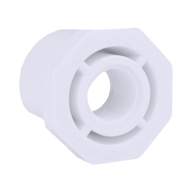 Emery Jensen PVC pressure fitting Bushing 1.25" sp. 5 FPT SCH40 for plumbing applications.