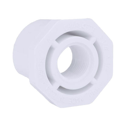 Emery Jensen PVC pressure fitting Bushing 1.25" sp. 5 FPT SCH40 for plumbing applications.