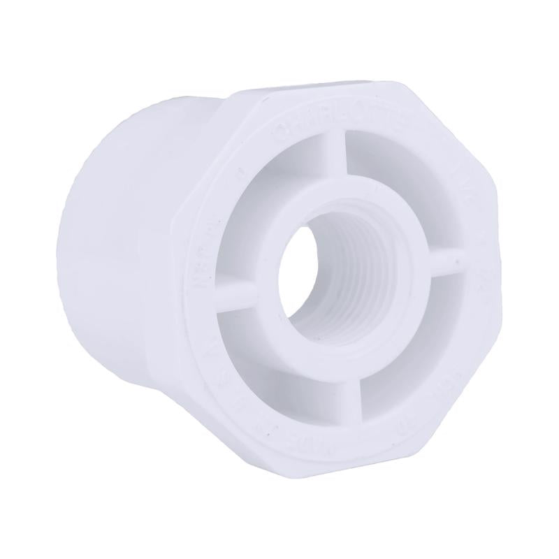 Emery Jensen PVC pressure fitting bushing 1.5 spg x 1/2 FPT for plumbing applications, made of durable PVC material
