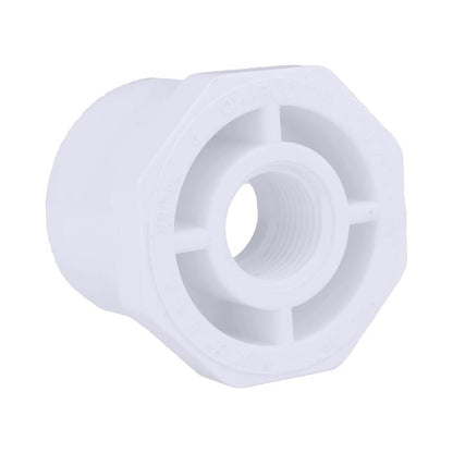 Emery Jensen PVC pressure fitting bushing 1.5 spg x 1/2 FPT for plumbing applications, made of durable PVC material
