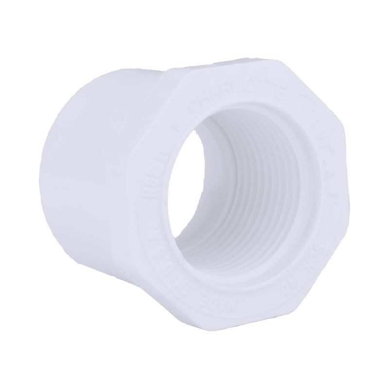 Emery Jensen PVC pressure fitting Bushing40pvc1.25spg1"FPT for plumbing, made of durable PVC material.