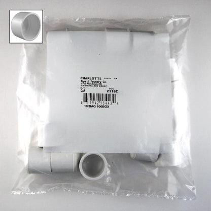 Pack of 10 Emery Jensen PVC pressure fittings caps, 3/4-inch SCH40, durable PVC plumbing components for irrigation or piping systems.