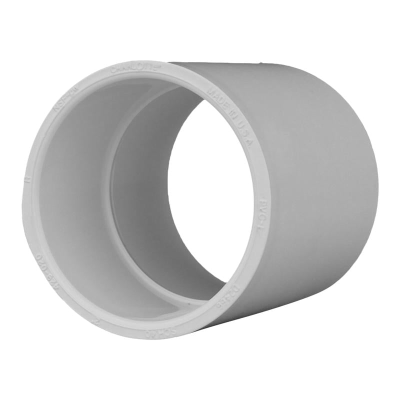 Emery Jensen couple 2" SXS PVC pressure fitting, SCH40, used for durable plumbing connections in domestic applications.