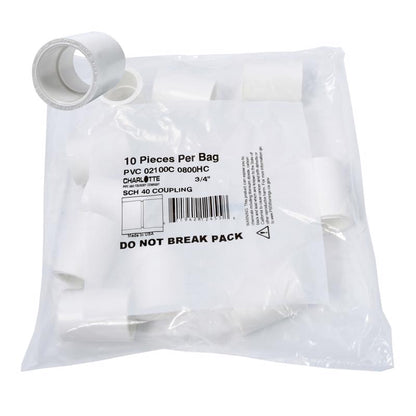 Emery Jensen couple 3/4-inch SCH40 PVC pressure fittings DOM pack of 10, showing connectors and fittings for plumbing applications.
