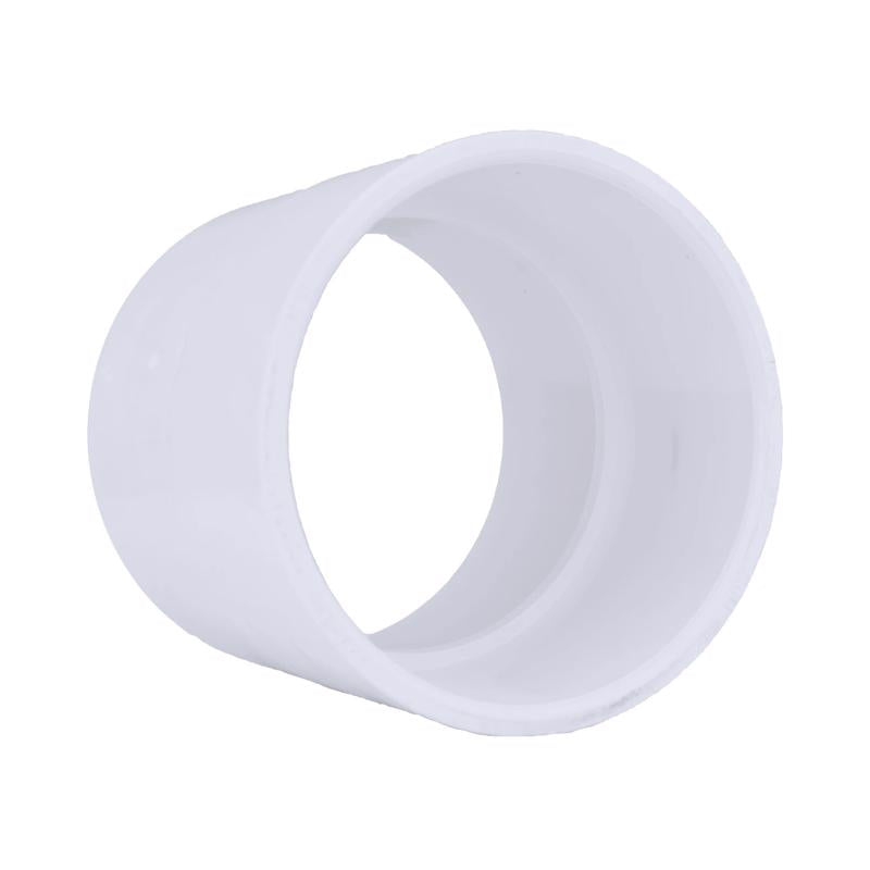 Emery Jensen 4-inch SCH40 PVC pressure fitting coupling for plumbing, with a smooth white PVC surface and threaded ends.