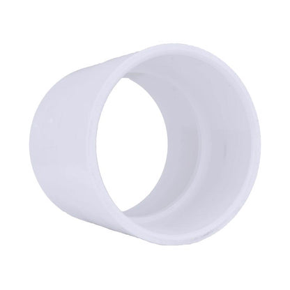 Emery Jensen 4-inch SCH40 PVC pressure fitting coupling for plumbing, with a smooth white PVC surface and threaded ends.