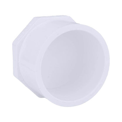 Emery Jensen 2-inch SCH40 PVC slip plug for pressure fittings, durable white PVC pipe fitting for plumbing applications