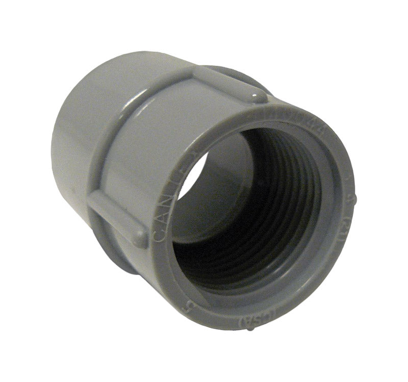 Female 1-inch PVC SCH40 adapter fitting by Emery Jensen, used for connecting pipes in plumbing systems.