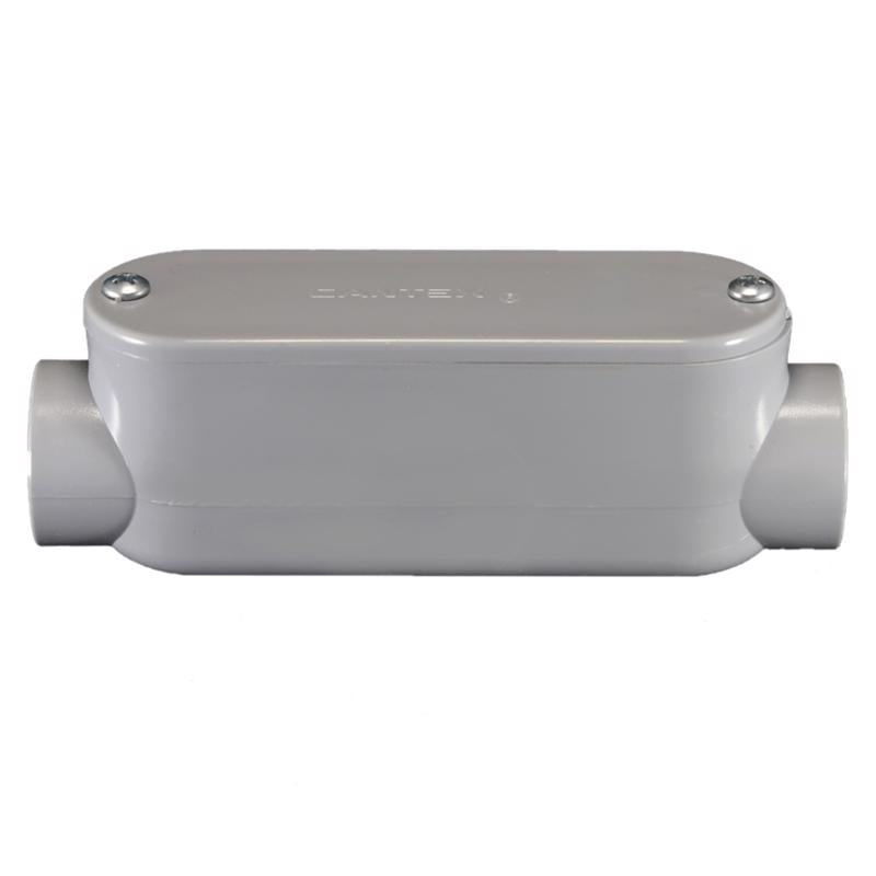 Emery Jensen PVC SCH 40/80 conduit body C-1/2 inch fitting for electrical conduit systems, made of durable PVC material.