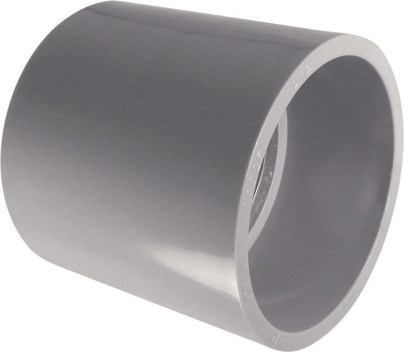 Emery Jensen PVC SCH 40/80 fittings couple with 2-1/2-inch diameter for electrical or plumbing pipe connections.