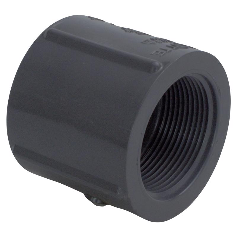 Couple of PVC Schedule 80 union and female threaded fittings in white, made by Emery Jensen for plumbing applications