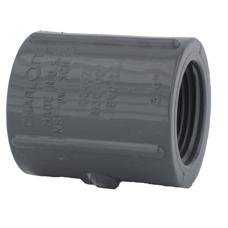 Couple of Emery Jensen PVC Schedule 80 union fittings with 3/4 inch FPT threads, used for plumbing connections.