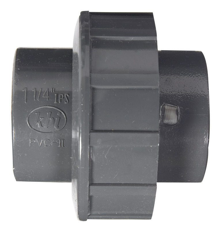 Emery Jensen PVC Schedule 80 union, 1.25-inch SXS fitting, durable PVC material for plumbing and piping applications.