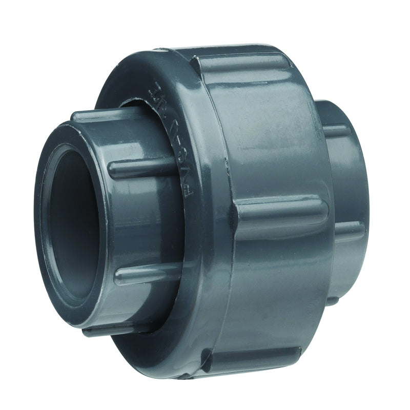 Emery Jensen PVC Schedule 80 1-inch SXS union fitting for plumbing connections, showing a white PVC union with threaded ends.