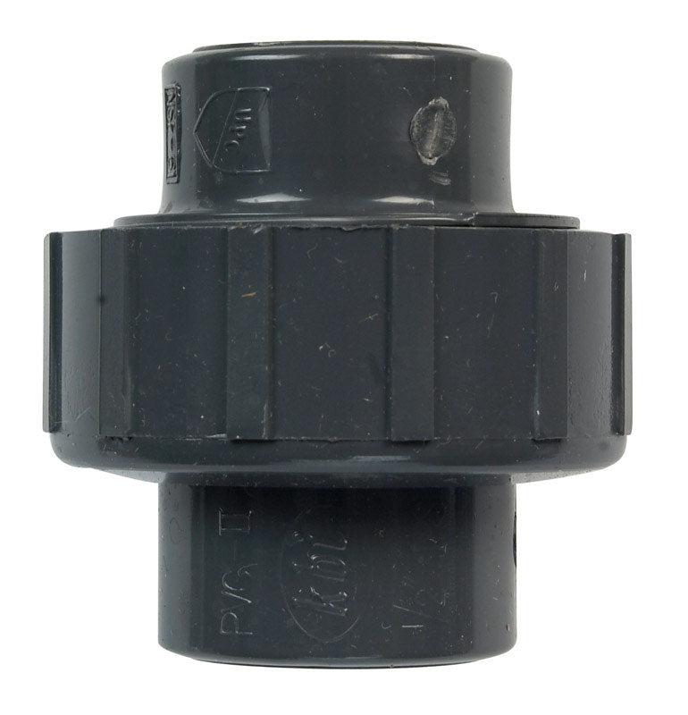Emery Jensen PVC Schedule 80 union with 1/2 inch FPT threads, durable PVC fitting for pipe connections.