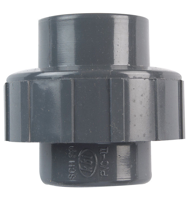 Emery Jensen PVC Schedule 80 Union with 1-inch FPT threads, durable PVC pipe fitting for plumbing applications.