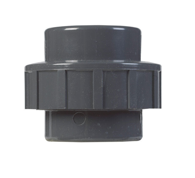 Emery Jensen 2-inch PVC Schedule 80 union and slip socket fitting for plumbing applications.