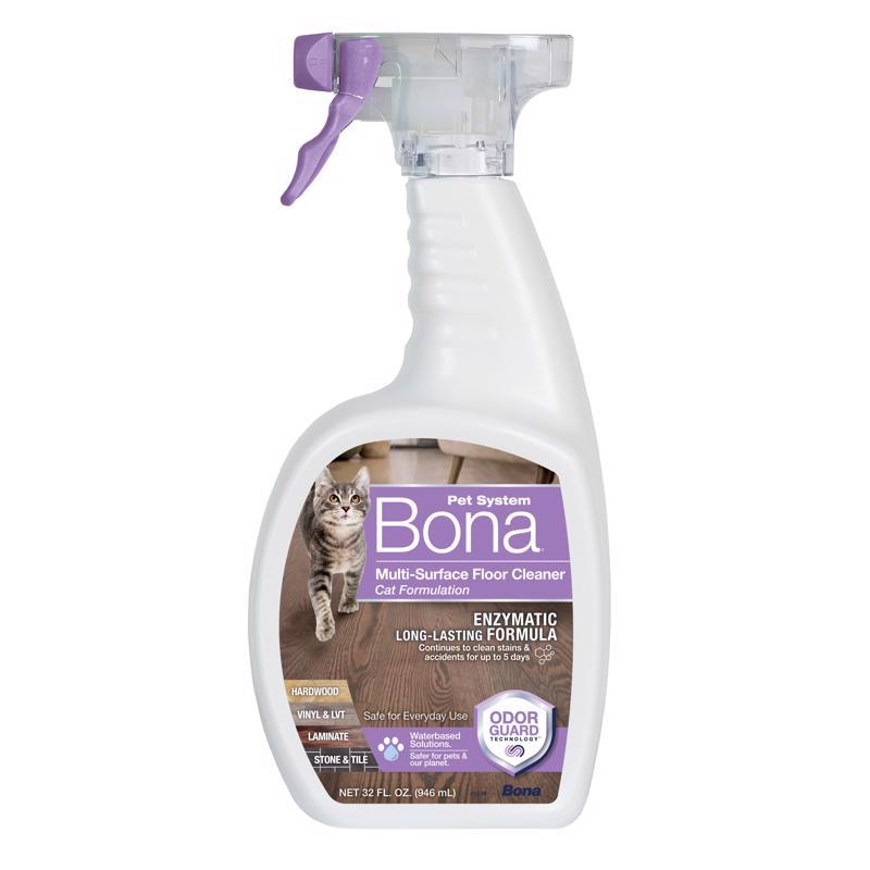 Emery Jensen MultiSRF CleanR cat quick clean floor cleaner in 32oz bottle showing label and nozzle for effective floor cleaning.