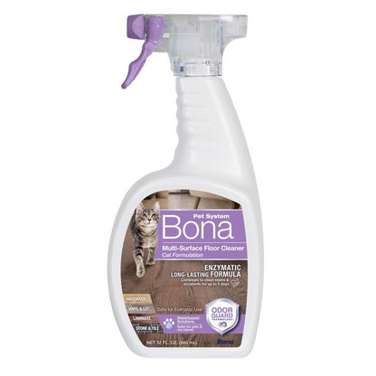 Emery Jensen MultiSRF CleanR cat quick clean floor cleaner in 32oz bottle showing label and nozzle for effective floor cleaning.
