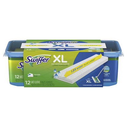Emery Jensen Swiffer Wet XL quick clean refills in a 12-count pack, designed for easy floor cleaning and mess removal.