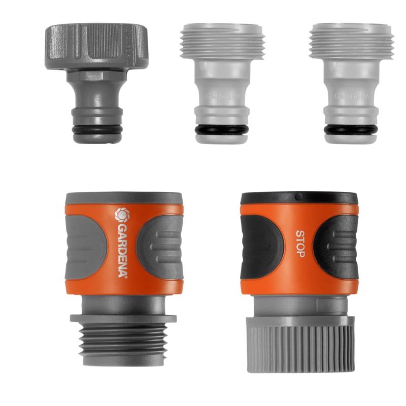 Set of five Emery Jensen quick connect hose connectors for easy garden or irrigation hose attachment.