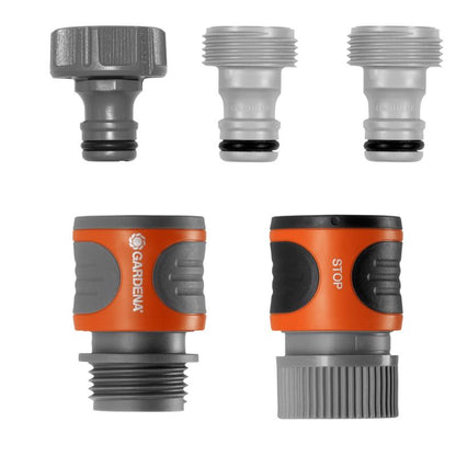Set of five Emery Jensen quick connect hose connectors for easy garden or irrigation hose attachment.