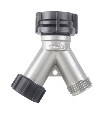 Emery Jensen zinc hose Y-connector quick-connect fitting for garden and irrigation hoses, durable metal construction.
