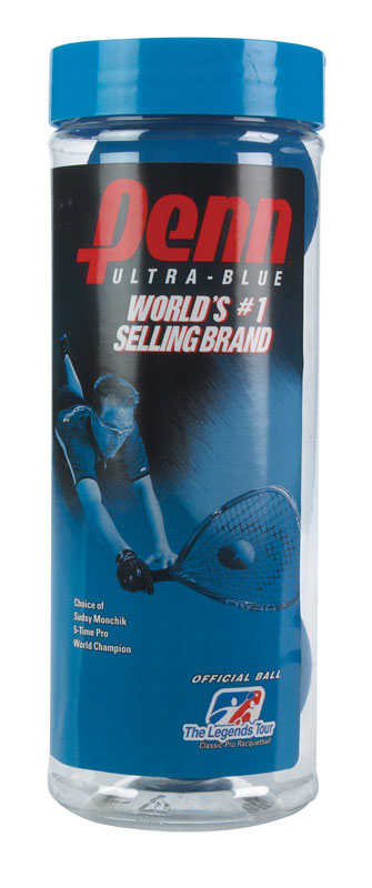 Blue Emery Jensen racquet balls 3-pack for racquet sports, shown in a close-up image.