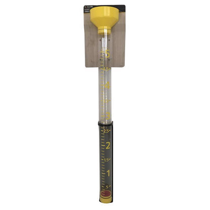 Emery Jensen jumbo rain gauge showing measurement markings and a clear glass tube for tracking rainfall.