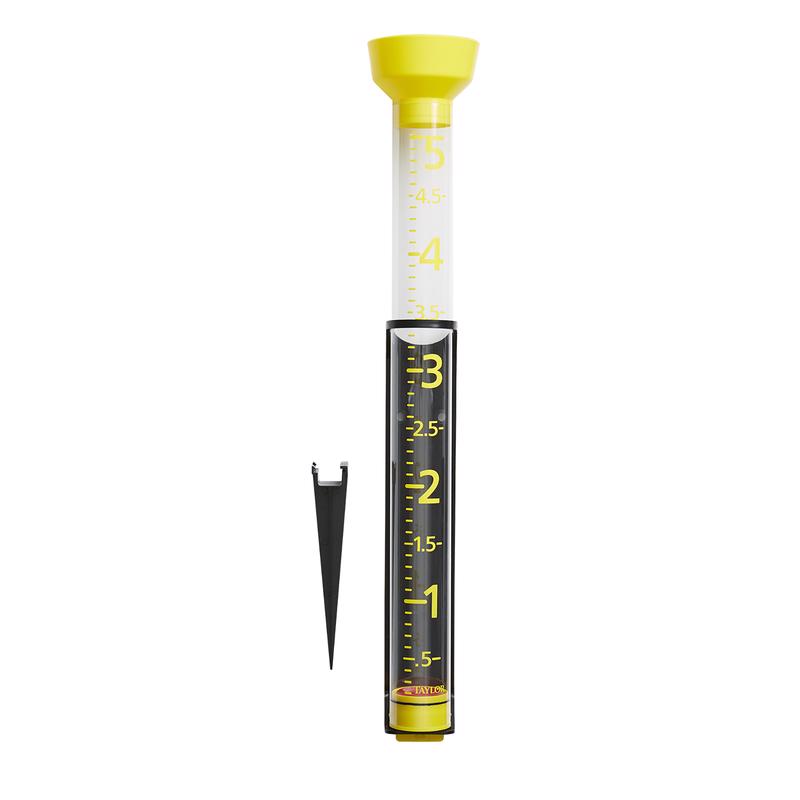 Emery Jensen Jumbo Jr rain gauge showing measurement markings and clear plastic tube for measuring rainfall.