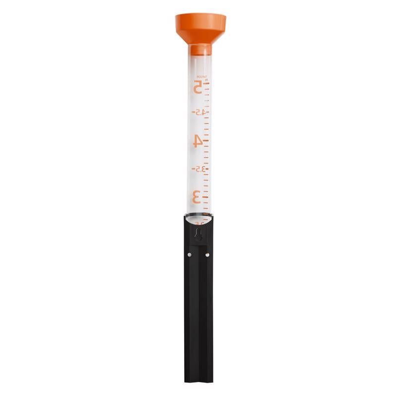 Set of 12 Emery Jensen outdoor rain gauges with clear measuring tubes for accurate rainfall measurement.