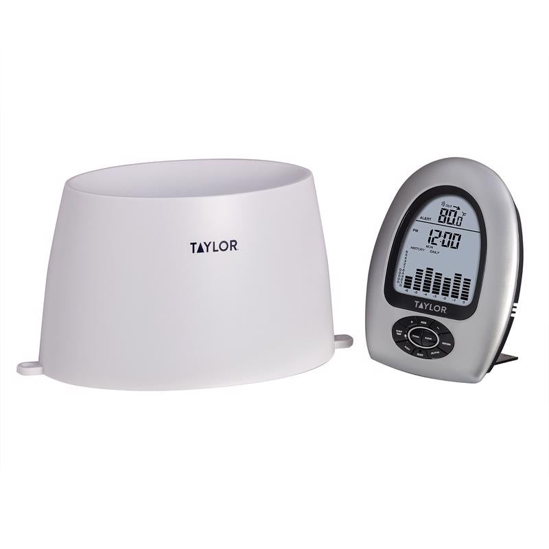 Emery Jensen WIRLES rain gauge and thermometer outdoor weather station with clear measurement markings and durable design.