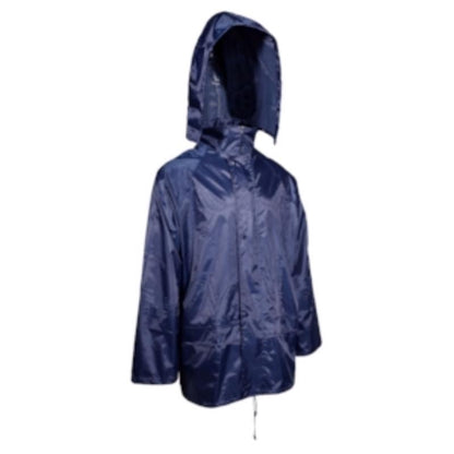 Emery Jensen blue XL rain jacket and pants set, waterproof rain pants and jacket with adjustable hood and sealed seams for weather protection.