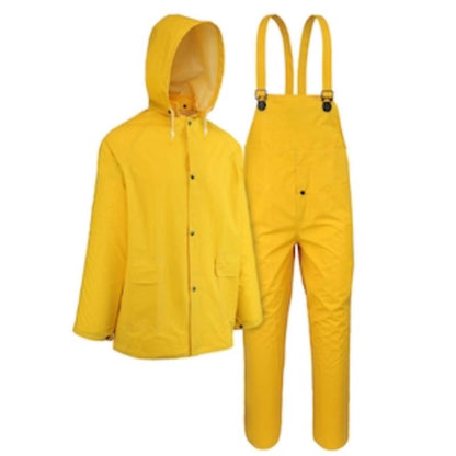 Yellow men's rain suit by Emery Jensen in XXXL size, featuring waterproof material and adjustable hood for wet weather protection.